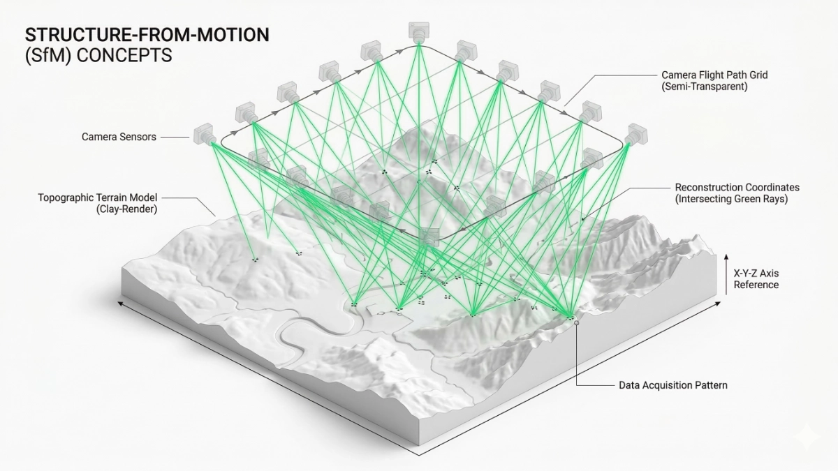 Principio de procesamiento y triangulación en Structure-from-Motion (SfM)