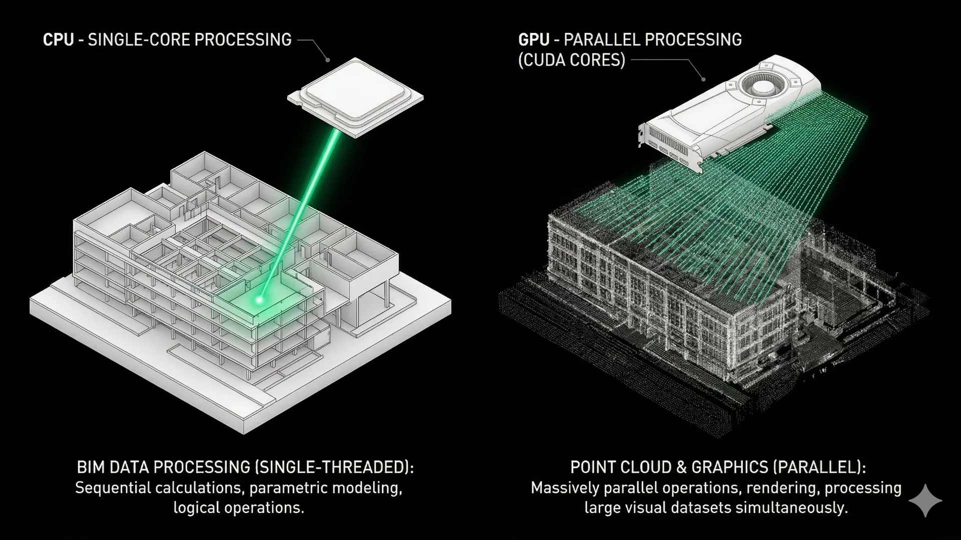 Comparativa de procesamiento: ejecución de núcleo único en Revit (CPU) vs. procesamiento paralelo (GPU)