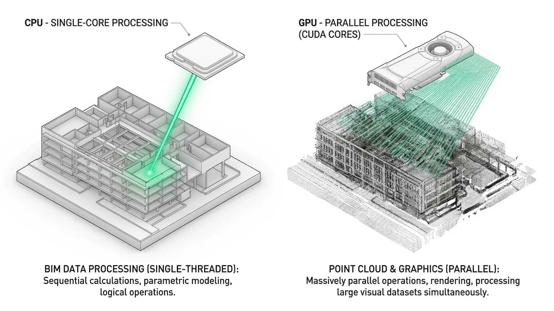 Comparativa de procesamiento: ejecución de núcleo único en Revit (CPU) vs. procesamiento paralelo (GPU)