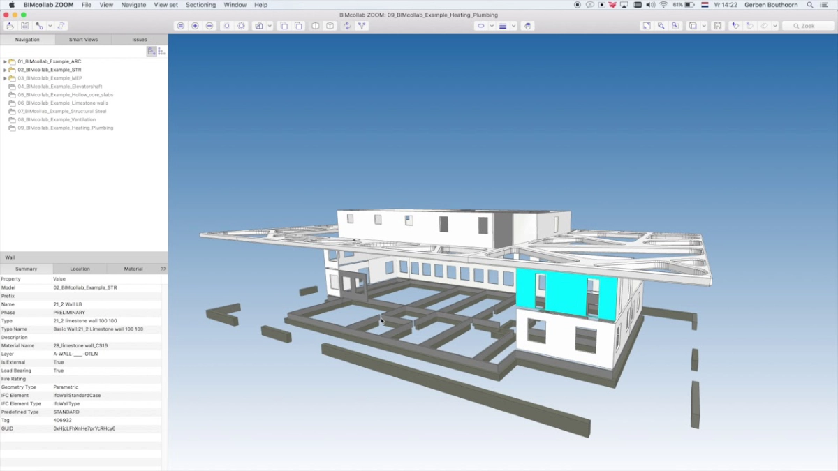 Captura de pantalla de un visor IFC mostrando el árbol jerárquico de entidades, el modelo 3D con un elemento seleccionado y el panel de propiedades con Property Sets expandidos