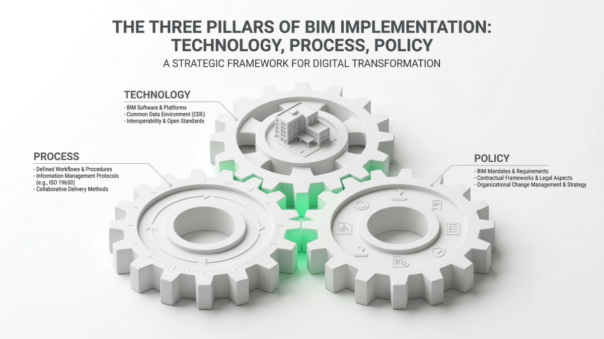 Los tres pilares de adopción BIM: Tecnología, Procesos y Políticas perfectamente integrados