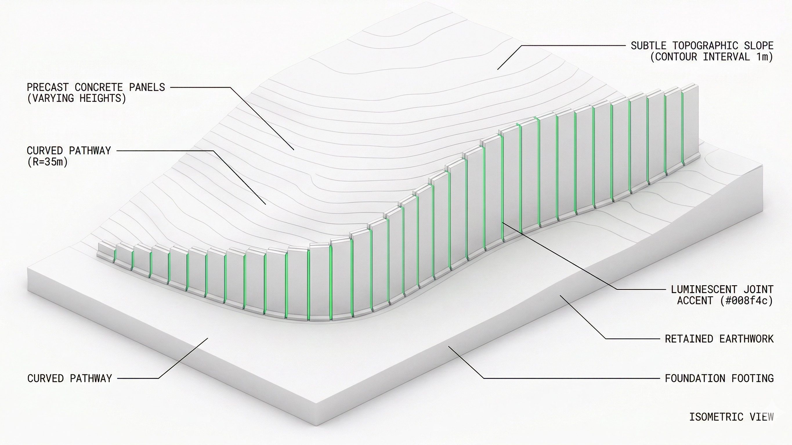 Muro MSE Full Height: distribución de paneles prefabricados a lo largo de un trazado curvo con alturas variables